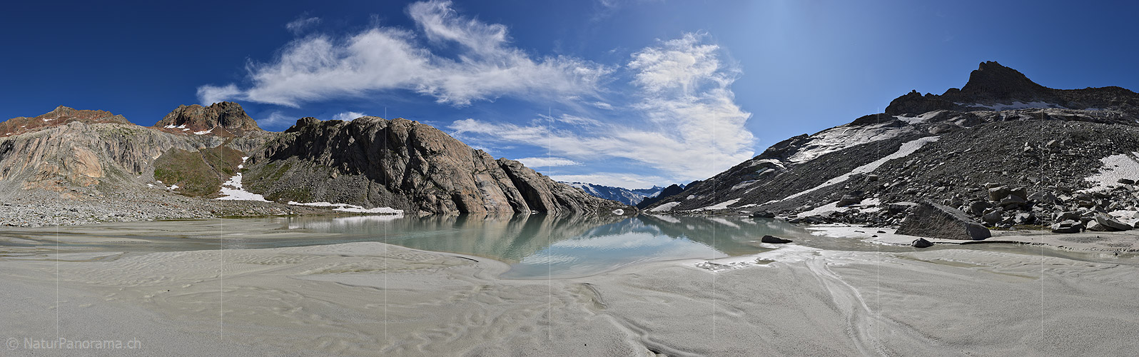 P023399: Panorama photo sandy beach at mountain lake