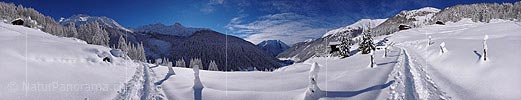 Panorama photo Fresh snow covered mountain valley in the Valais (Swiss Alps)