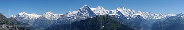 Panoramafoto des Dreigestirns Eiger, Mönch und Jungfrau von der Schynigen Platte