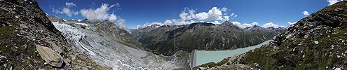 Panoramic image Glacial demolition Allalin glacier and Mattmark dam