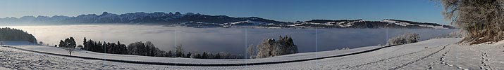 Large panoramic sea of fog and Stockhornkette from Belpberg