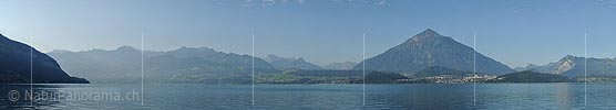 High resolution panoramic photo Lake Thun and Niesen in the morning light