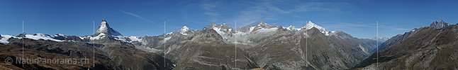Panoramafoto Matterhorn, Dent Blanche, Ober Gabelhorn, Zinalrothorn, Weisshorn, Mischabel