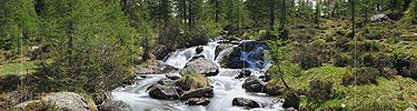 Panorama photo Stepped mountain stream in natural landscape