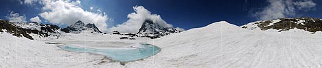 360° panoramic image Light blue water on a partially frozen lake