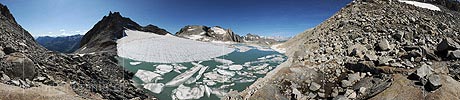 360° Panoramic photo Chüeboden glacier with glacier lake (Date: 8.2012)