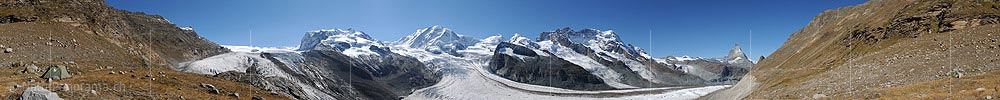 360 Panoramic photo Swiss mountain world with Monte Rosa, Lyskamm and Gorner glacier