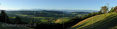 Panorama photo Emmental hilly landscape in the morning light