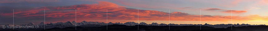 Panoramic photo Evening with colored clouds over the Bernese Alps
