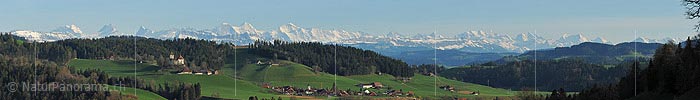 Panoramic photo Trachselwald Castle before Bernese Alps