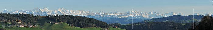 Panoramic photo Trachselwald Castle before Bernese Alps