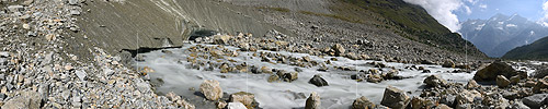 Panorama photo Glacier gate from the Hohlicht glacier and glacier stream