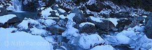 Panoramic photo Ice sculpture in mountain stream