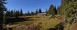 Large panorama Alpine hut in the light mountain forest