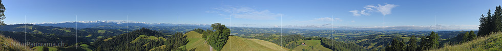Panorama photo Emmental hilly landscape and Bernese Alps
